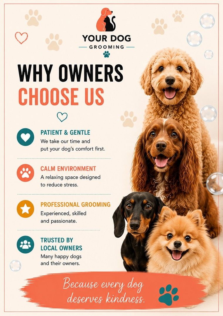 Why Owners Choose Us — patient and gentle, calm environment, professional grooming, trusted by local owners