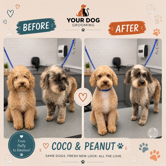 Coco and Peanut before and after grooming — from fluffy to fabulous