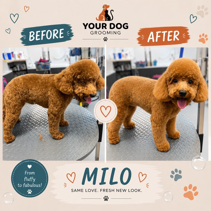 Milo before and after grooming — same love, fresh new look